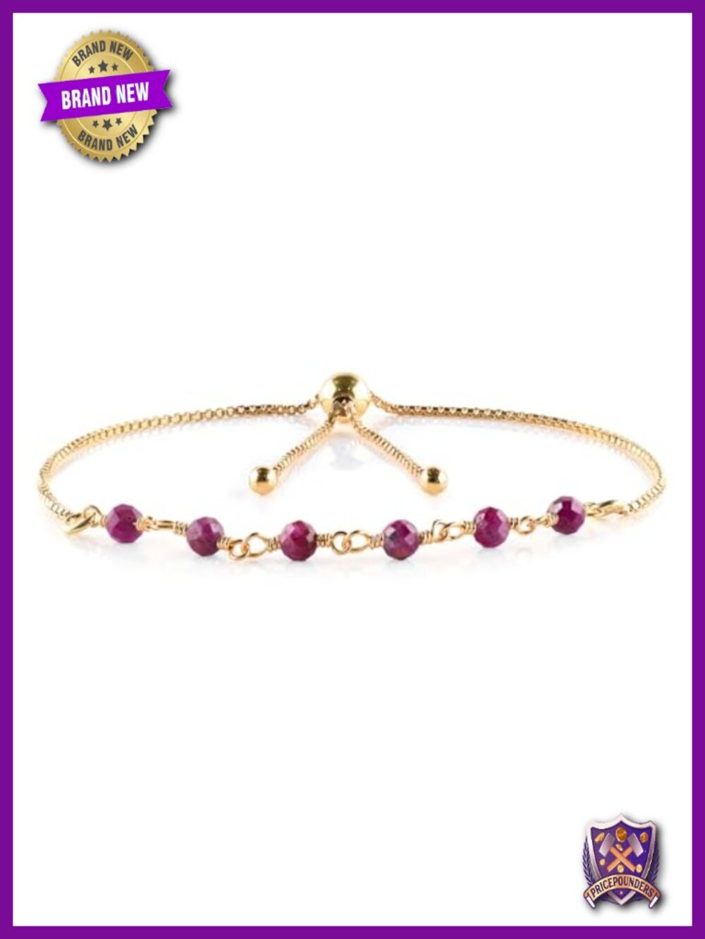14K Gold Plated Natural Ruby Slider Bar Bracelet, Adjustable Crystal Beaded